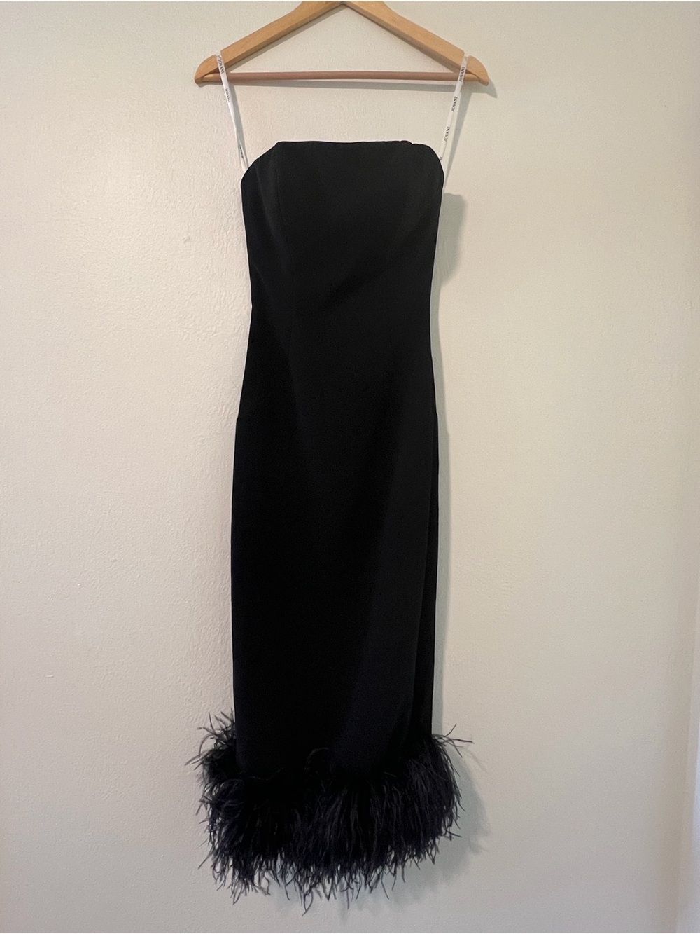 Jovani Black Strapless Midi Dress with Feather Trim